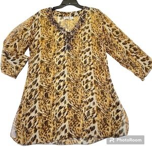 Indian Tropical Fashion Tunic Top S/M Animal‎ Print Beaded V Neck Rayon Women